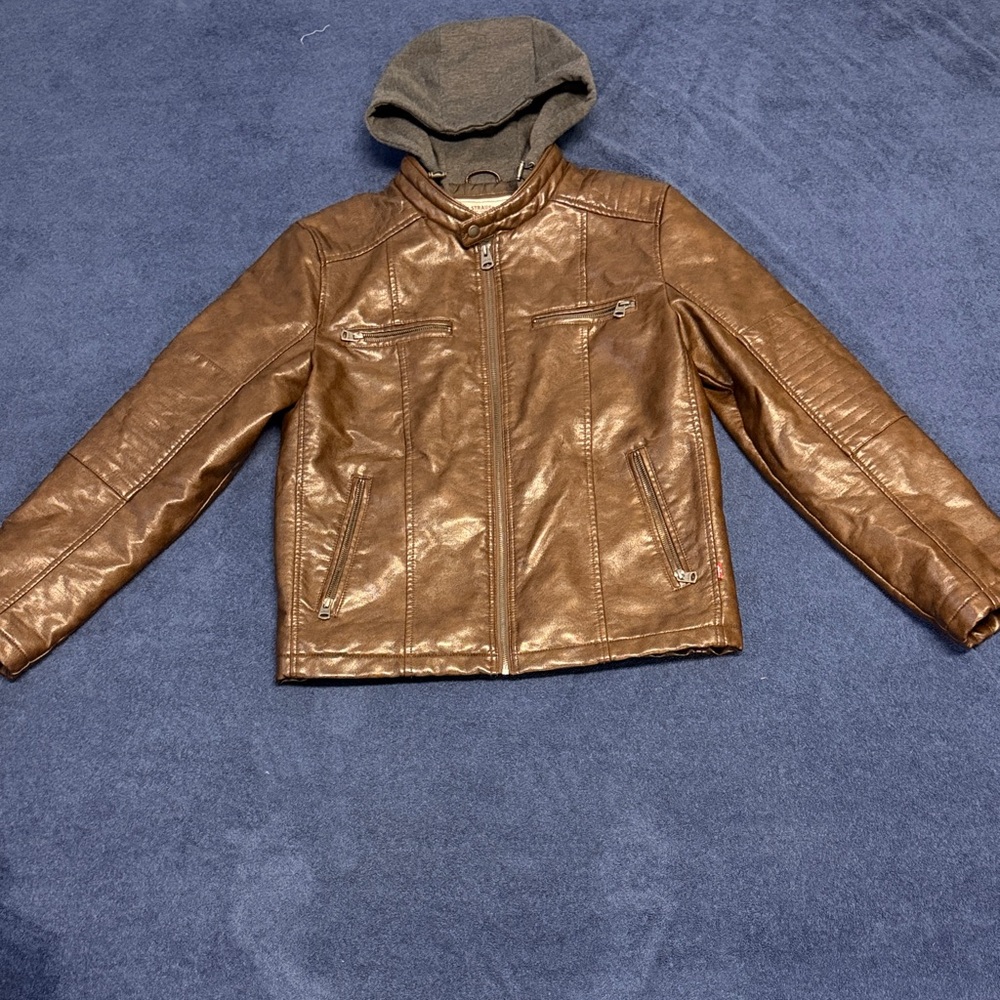 Levi's Tan Leather Bomber Jacket with Hood
